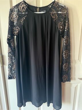 fab'rik Black Dress with Metallic Gold Lace Sleeves- Size Small